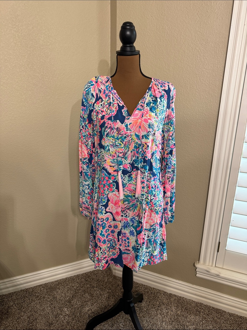 Lilly Pulitzer Navy Floral Midi Dress with Pink & Teal Accents